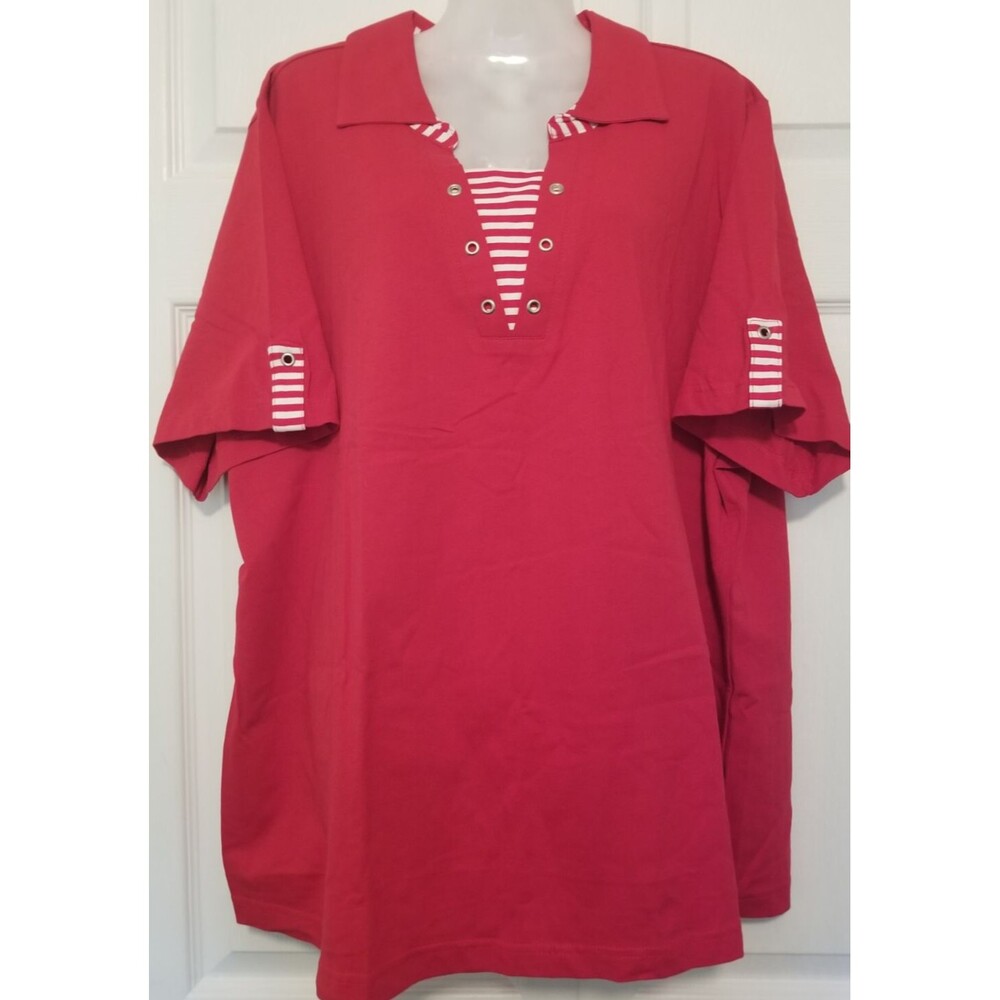 Women's Top Shirt Red Stripe Accents V-Neck Short Sleeve Plus Size 22